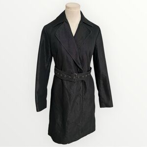 BANANA REPUBLIC Charcoal Black Denim Belted Trench Coat Jacket Fur Lined M Warm